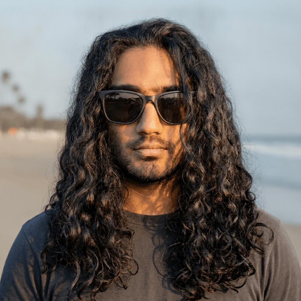 Adit with long curly hair and sunglasses on a beach at golden hour.